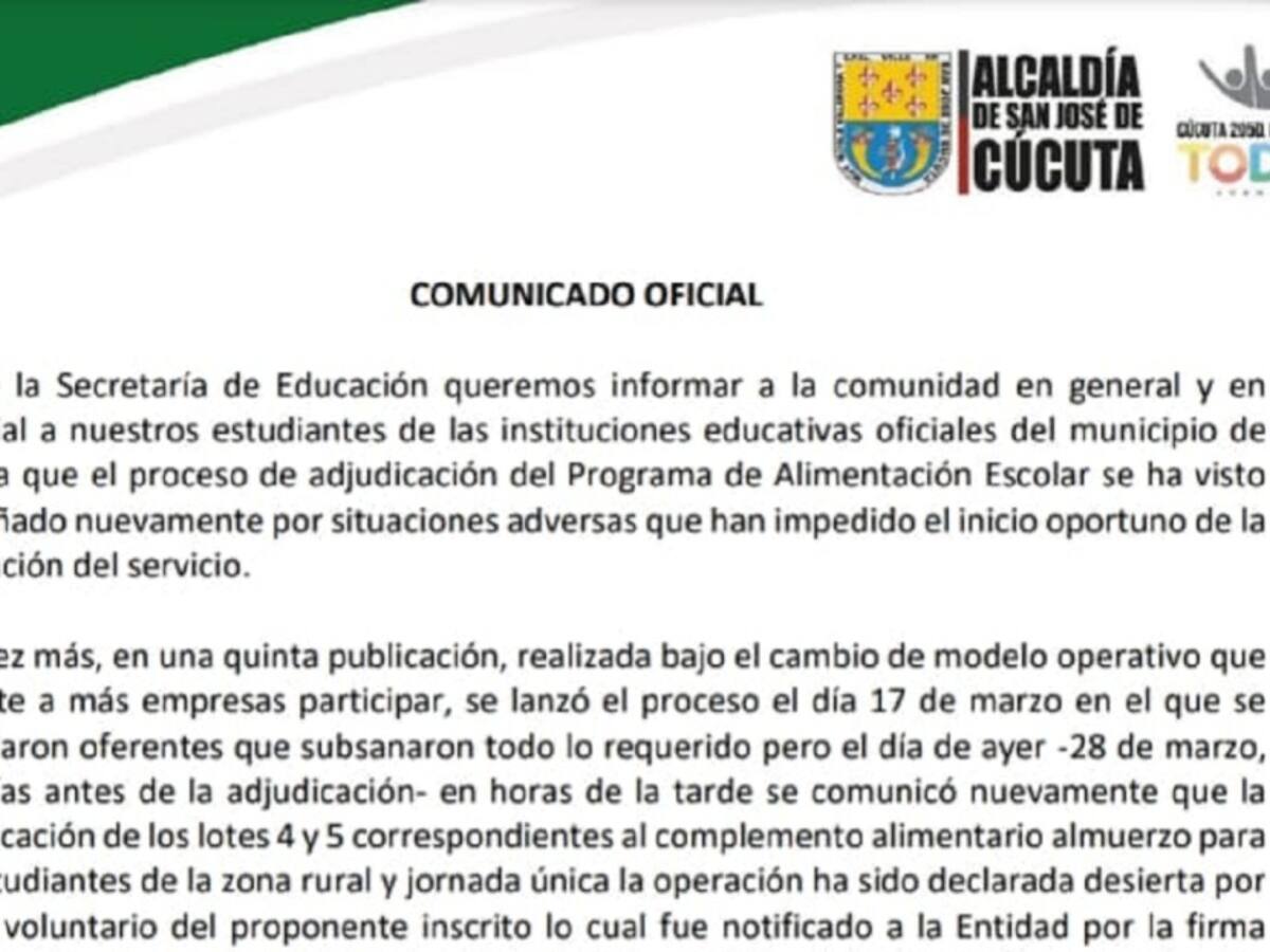 Declarada desierta adjudicación del PAE en Cúcuta por retiro de oferentes