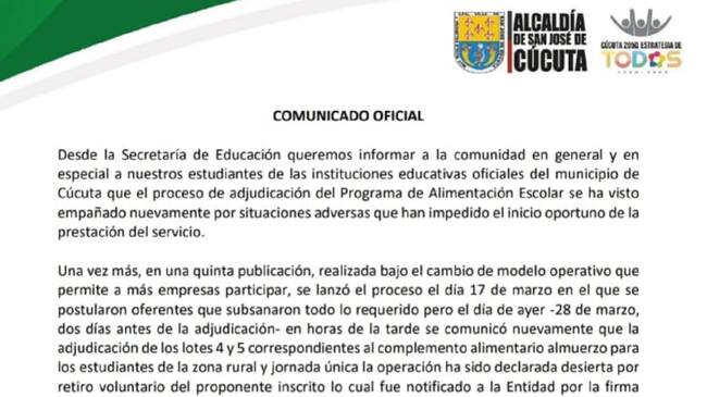Incertidumbre por futuro PAE en Cúcuta