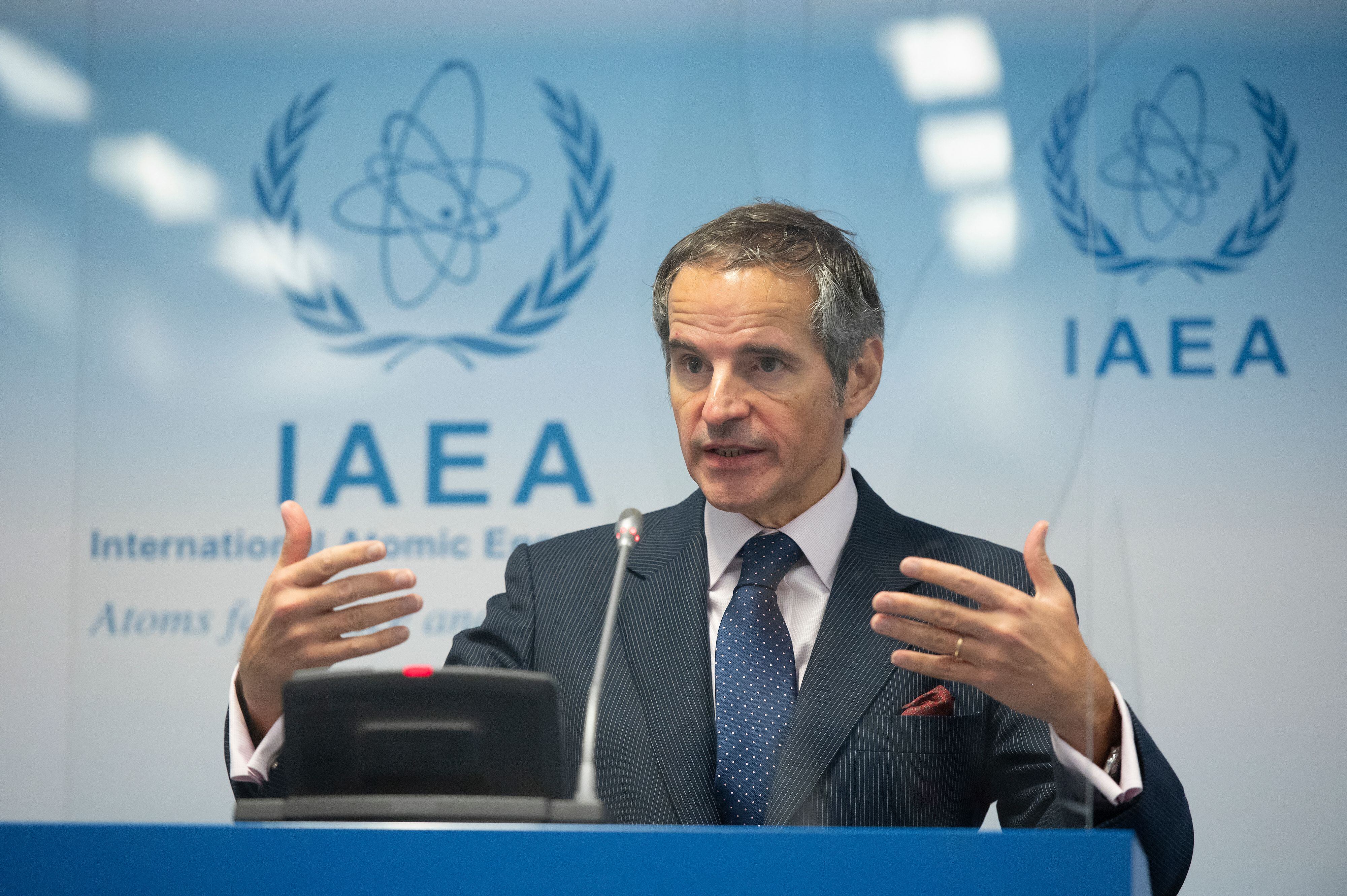 Director General of the International Atomic Energy Agency (IAEA) Rafael Mariano Grossi speaks at a press conference during an IAEA Board of Governors' meeting at the IAEA headquarters of the UN seat in Vienna, Austria, on November 18, 2020. (Photo by Christian BRUNA / POOL / AFP) (Photo by CHRISTIAN BRUNA/POOL/AFP via Getty Images)