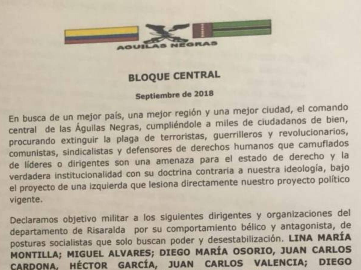 Presuntas Águilas Negras amenazaron a 10 líderes sociales de Pereira