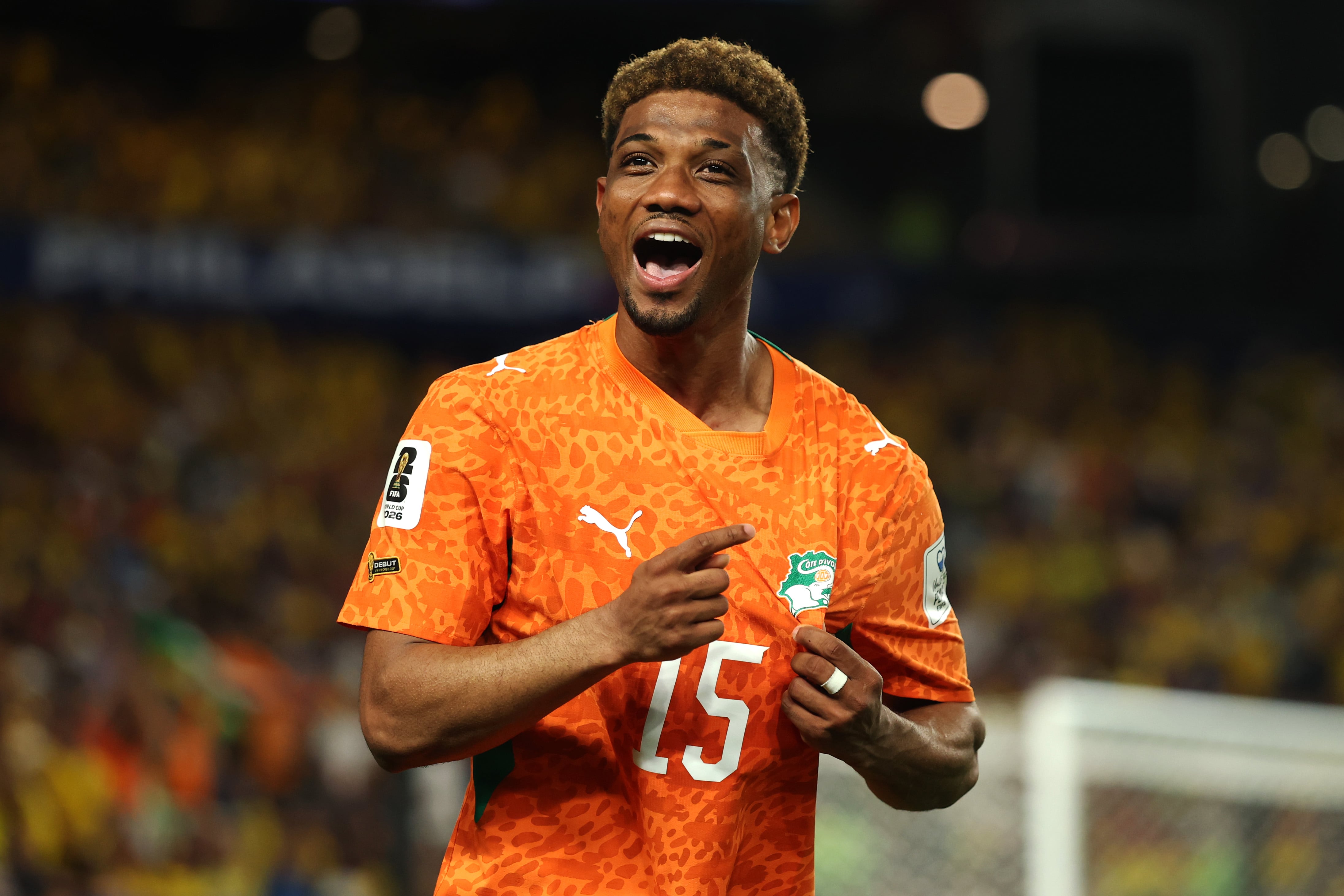PHILADELPHIA, PENNSYLVANIA - JUNE 14: Amad Diallo #15 of Cote d'Ivoire celebrates scoring his team's first goal during the FIFA World Cup 2026 Group E match between Cote D'Ivoire and Ecuador at Philadelphia Stadium on June 14, 2026 in Philadelphia, Pennsylvania. (Photo by Ezra Shaw - FIFA/FIFA via Getty Images)