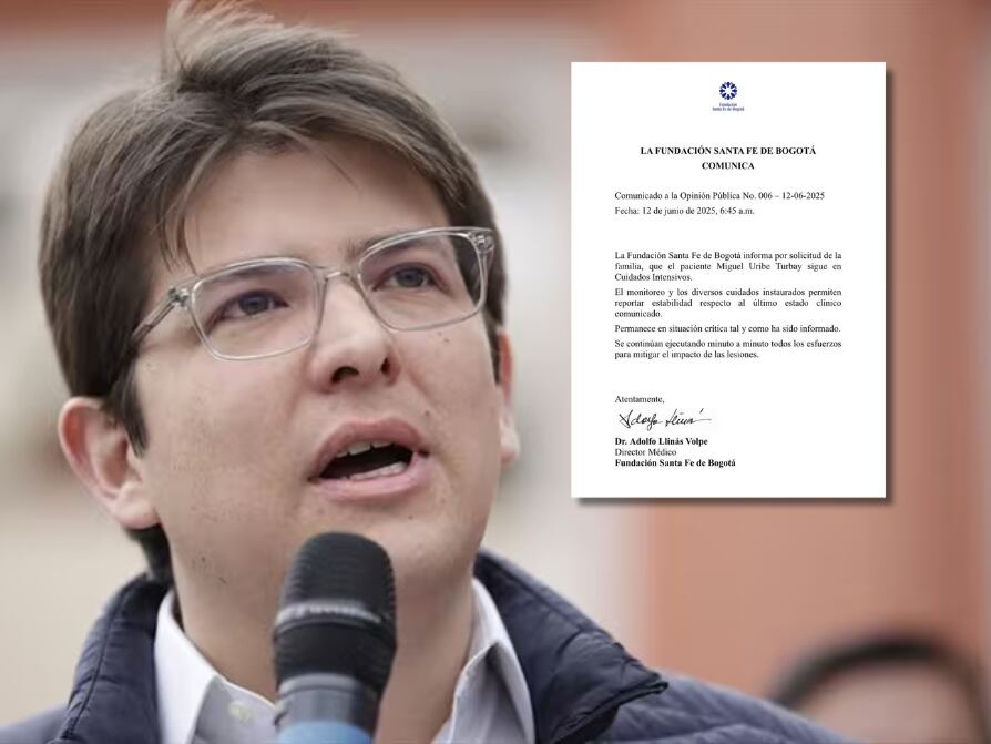 El precandidato Miguel Uribe Turbay hablando junto con documento de su parte médico. 