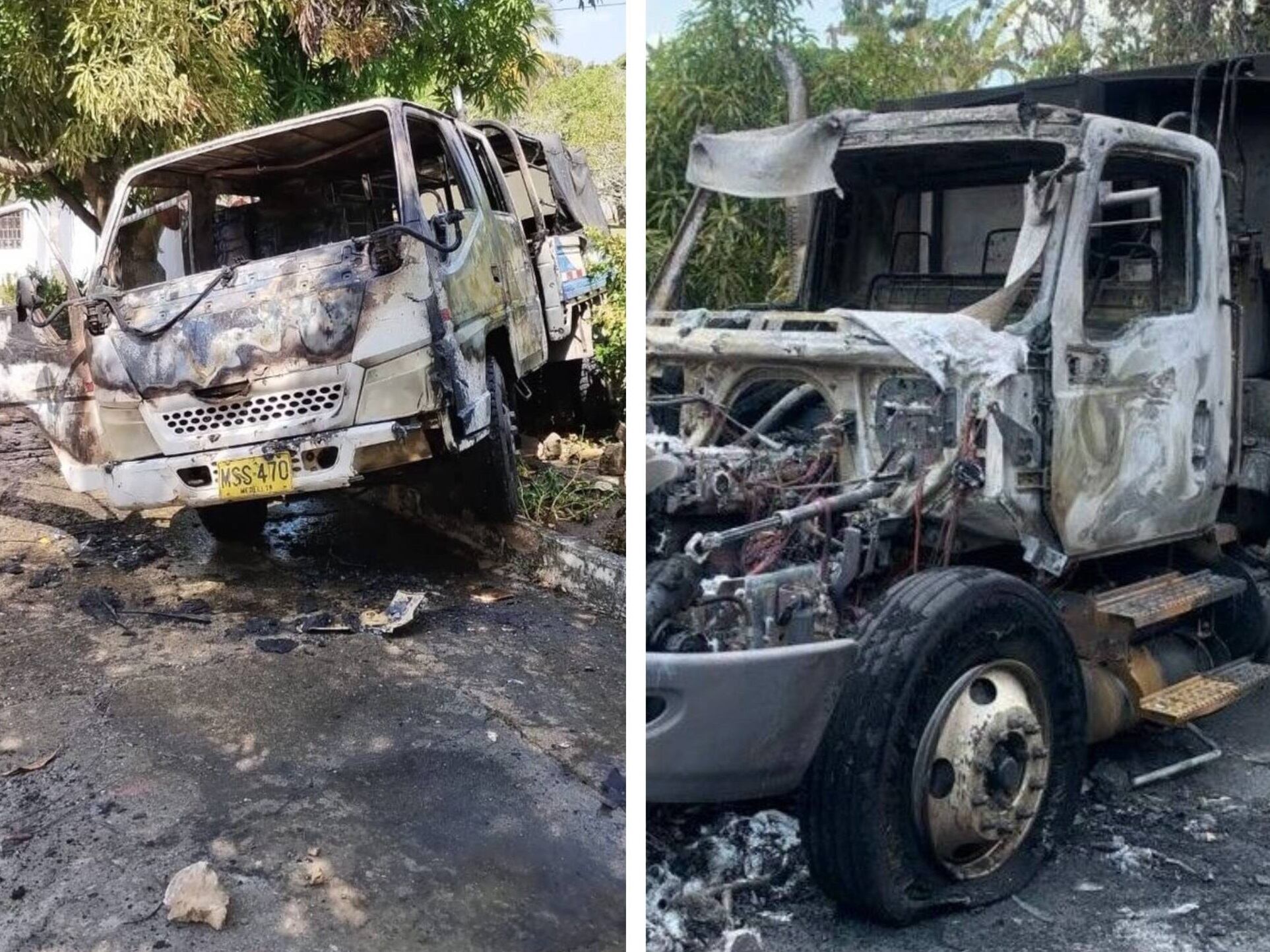 Vehículos quemados de Afinia y Seacor.