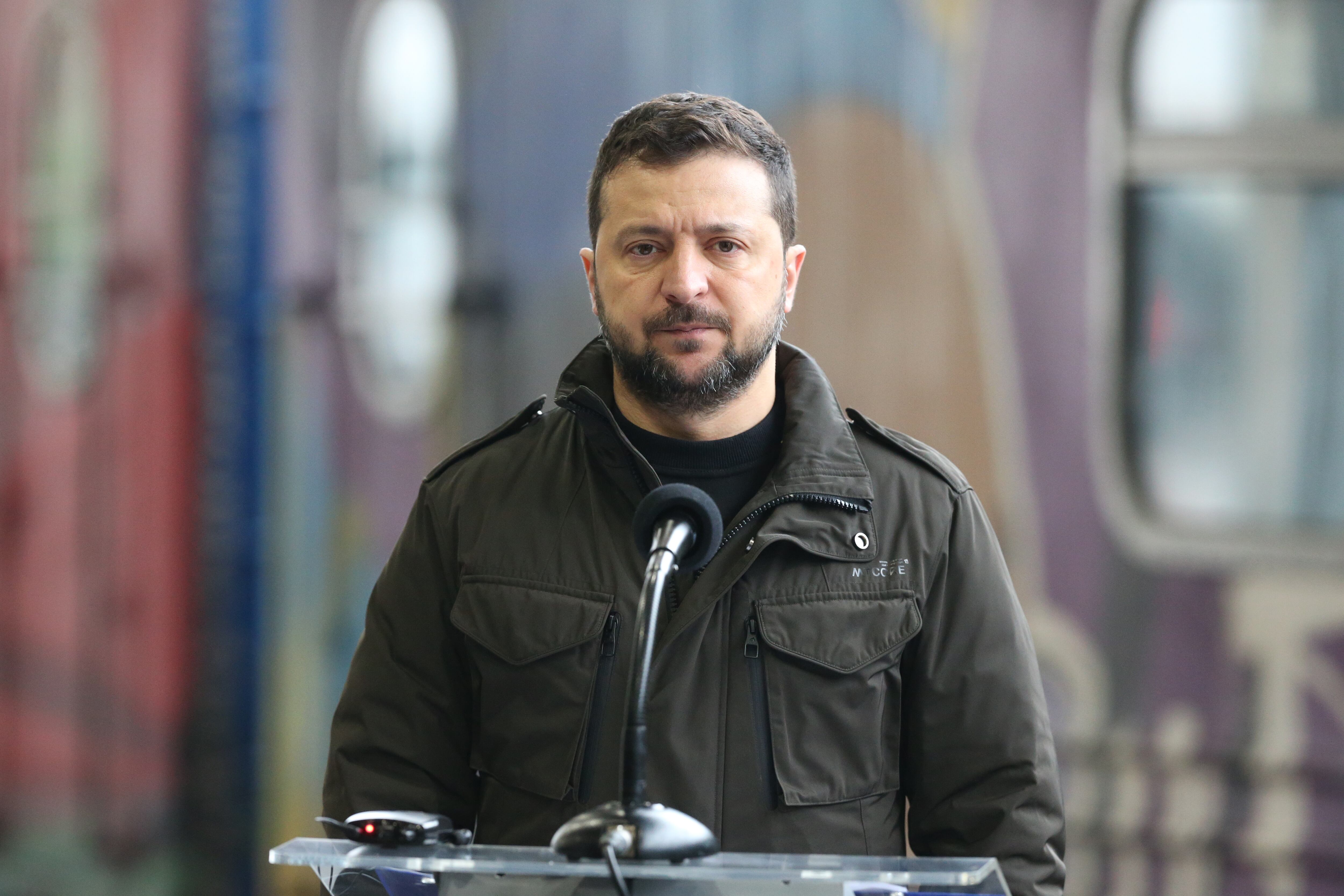 KYIV, UKRAINE - NOVEMBER 4: President Of Ukraine Volodymyr Zelenskyi spearks during meeting with Ukrainian railway workers on November 4, 2023 in Kyiv, Ukraine. President of Ukraine presented 14 employees of the railway transport sector with the Order of Merit of the 3rd Class, another railway worker received the honorary title of "Honored Transport Worker of Ukraine". (Photo by Viktor Kovalchuk/Global Images Ukraine via Getty Images)