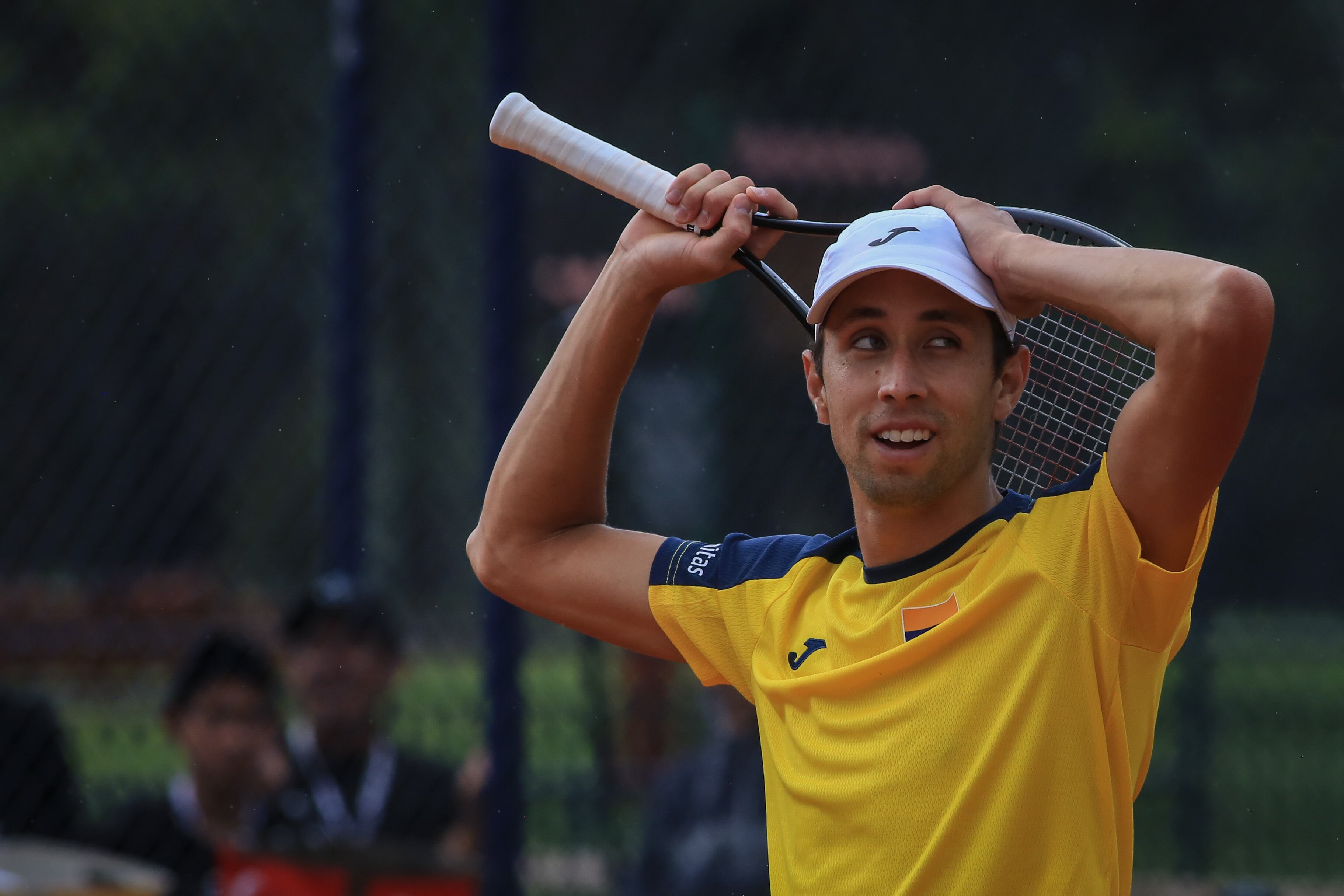 BOGOTA, COLOMBIA - SEPTEMBER 17: Daniel Galan of Colombia reacts during the individual match for the Davis Cup at Carmel Club in Bogota, Colombia on September 17, 2022. (Photo by Juancho Torres/Anadolu Agency via Getty Images)
