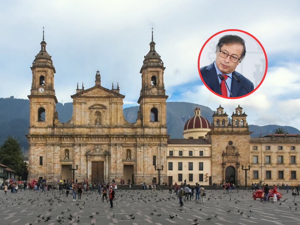 Plaza de Bolívar de Bogotá y de fondo el presidente de Colombia, Gustavo Petro(Fotos vía Getty Images)