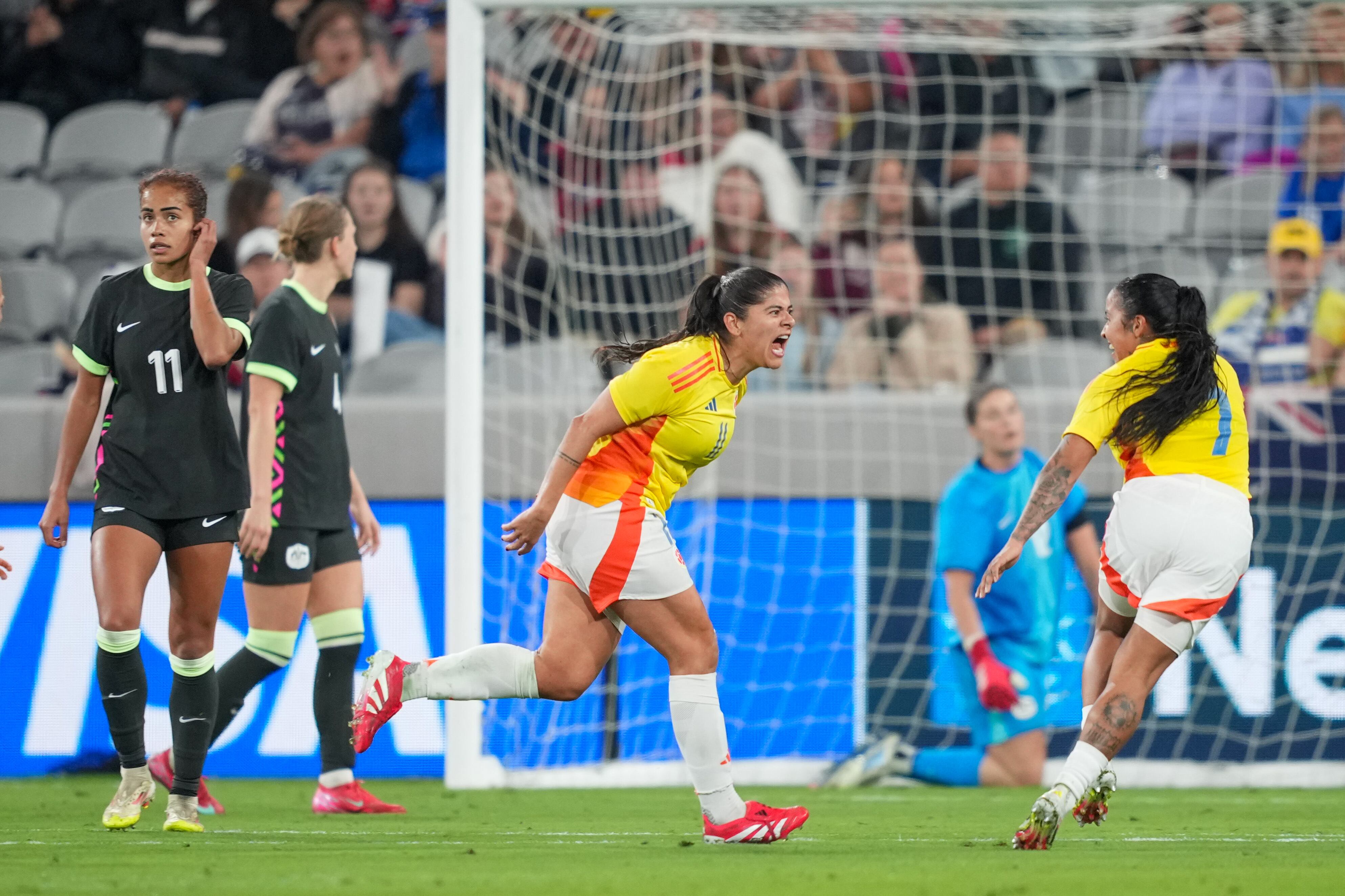 Catalina Usme, goleadora histórica de la Selección Colombia femenina, celebra un gol ante Australia. (Photo by Brad Smith/ISI Photos/Getty Images)