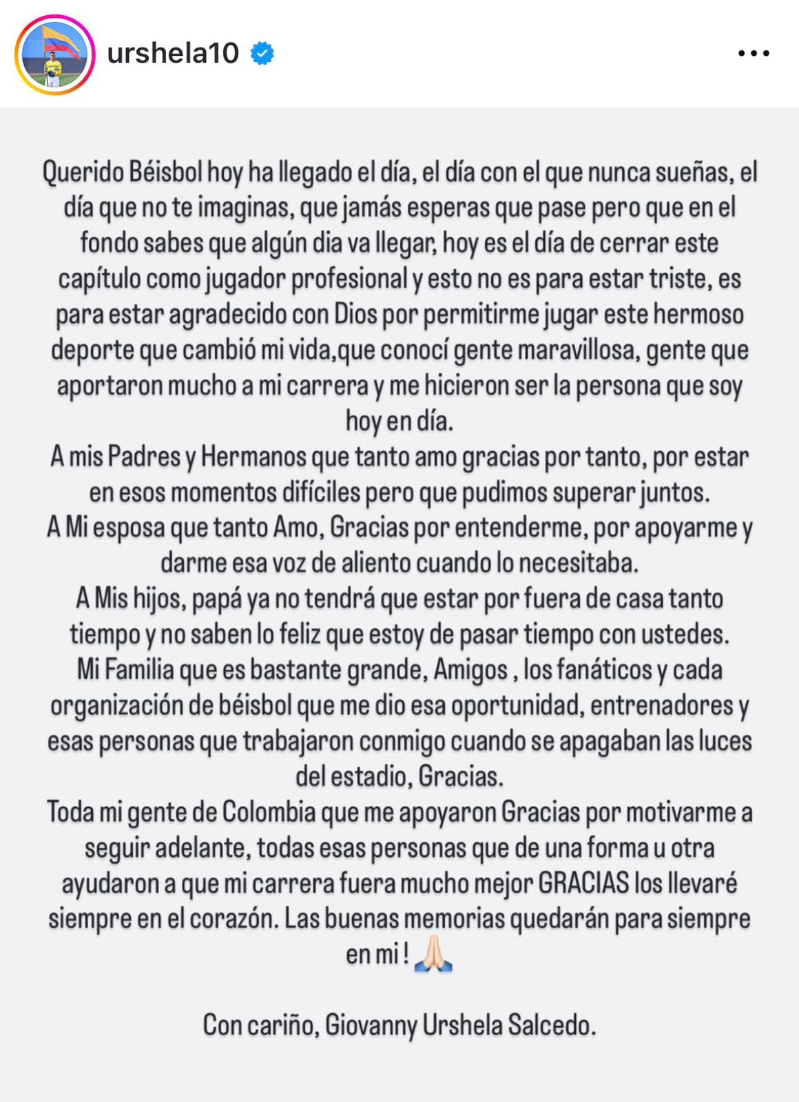 Mensaje de Gio Urshela en sus redes sociales / Foto: Instagram
