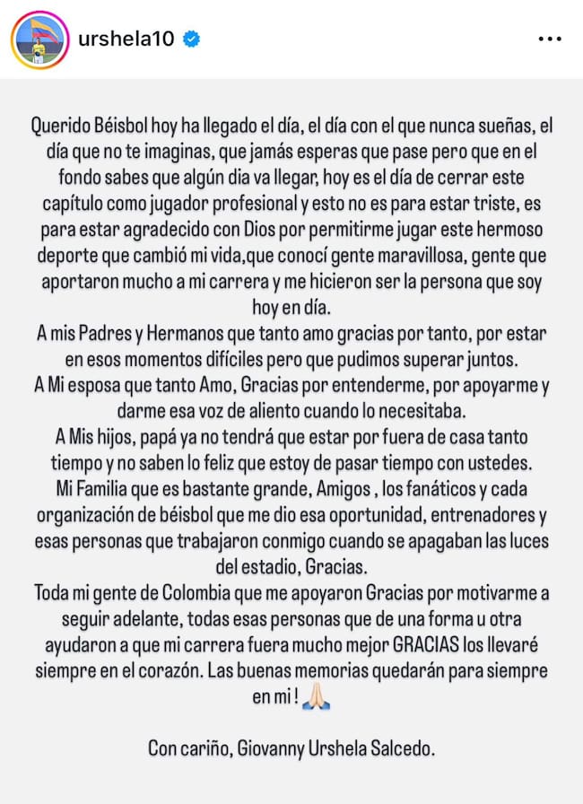 Mensaje de Gio Urshela en sus redes sociales / Foto: Instagram