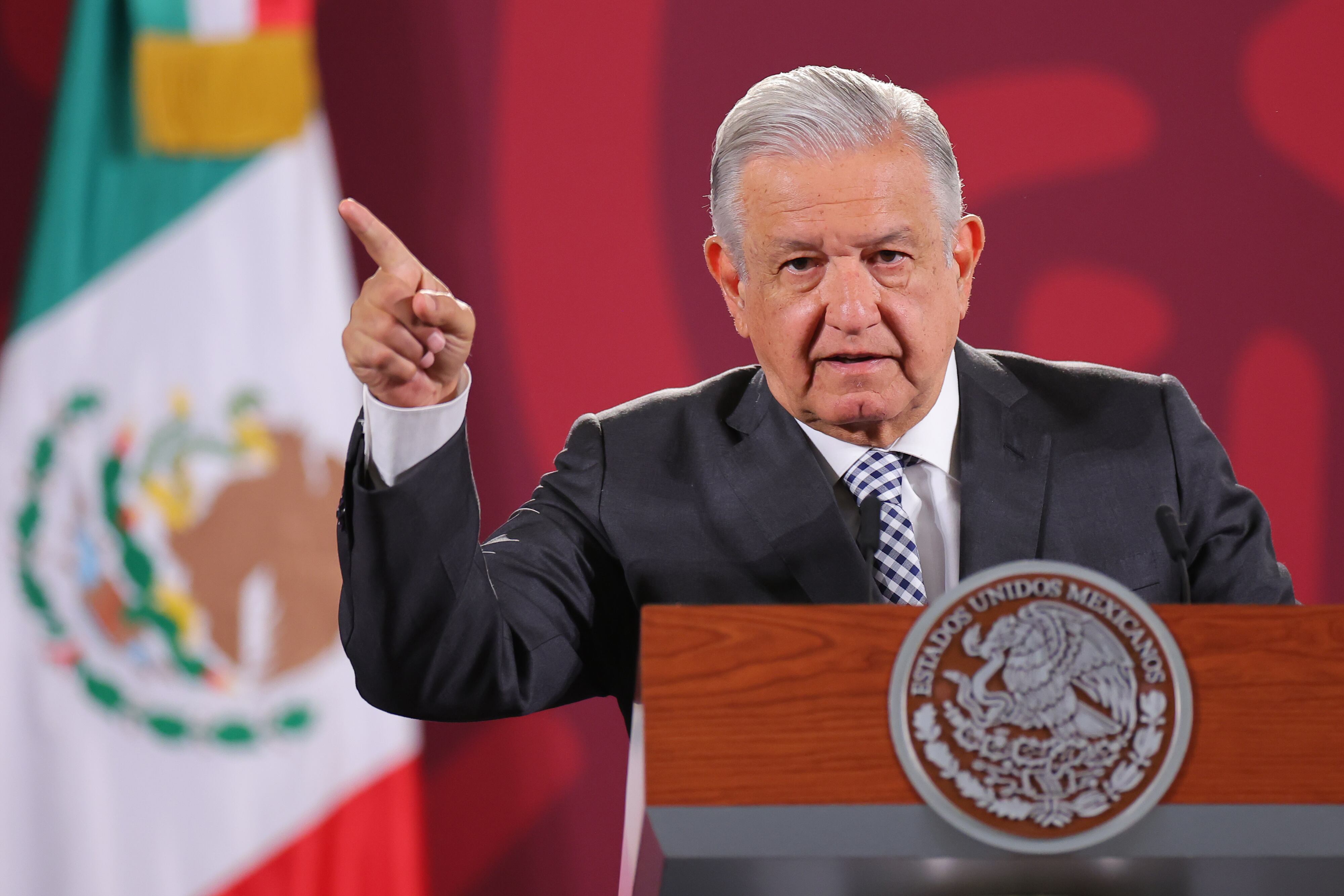 MEXICO CITY, MEXICO - JUNE 28: President of Mexico Andres Manuel Lopez Obrador speaks during the daily briefing at Palacio Nacional on June 28, 2022 in Mexico City, Mexico. Lopez Obrador confirmed visit on July 12 to Washington, DC to meet U.S. president Biden amid migration policies following the death of over 46 migants found in an abandoned truck on the outskirts of San Antonio, Texas. (Photo by Hector Vivas/Getty Images)