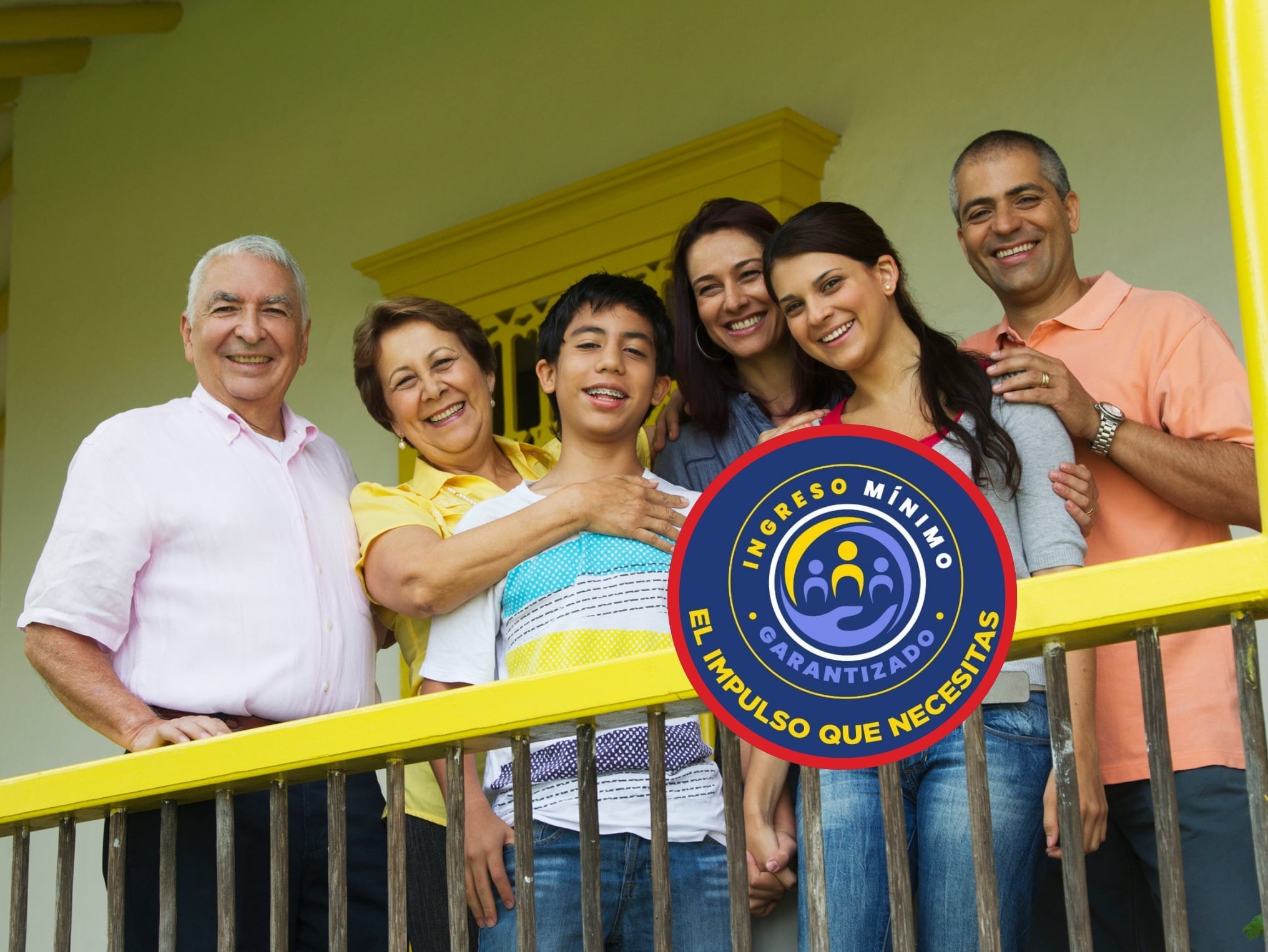 De fondo: Imagen de referencia de una familia (Crédito: Getty Images). A la derecha se encuentra el logo del programa Ingreso Mínimo Garantizado (IMG)