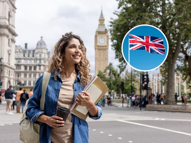 Mujer universitaria en el Reino Unido y de fondo una bandera de esta región (Fotos vía Getty Images)