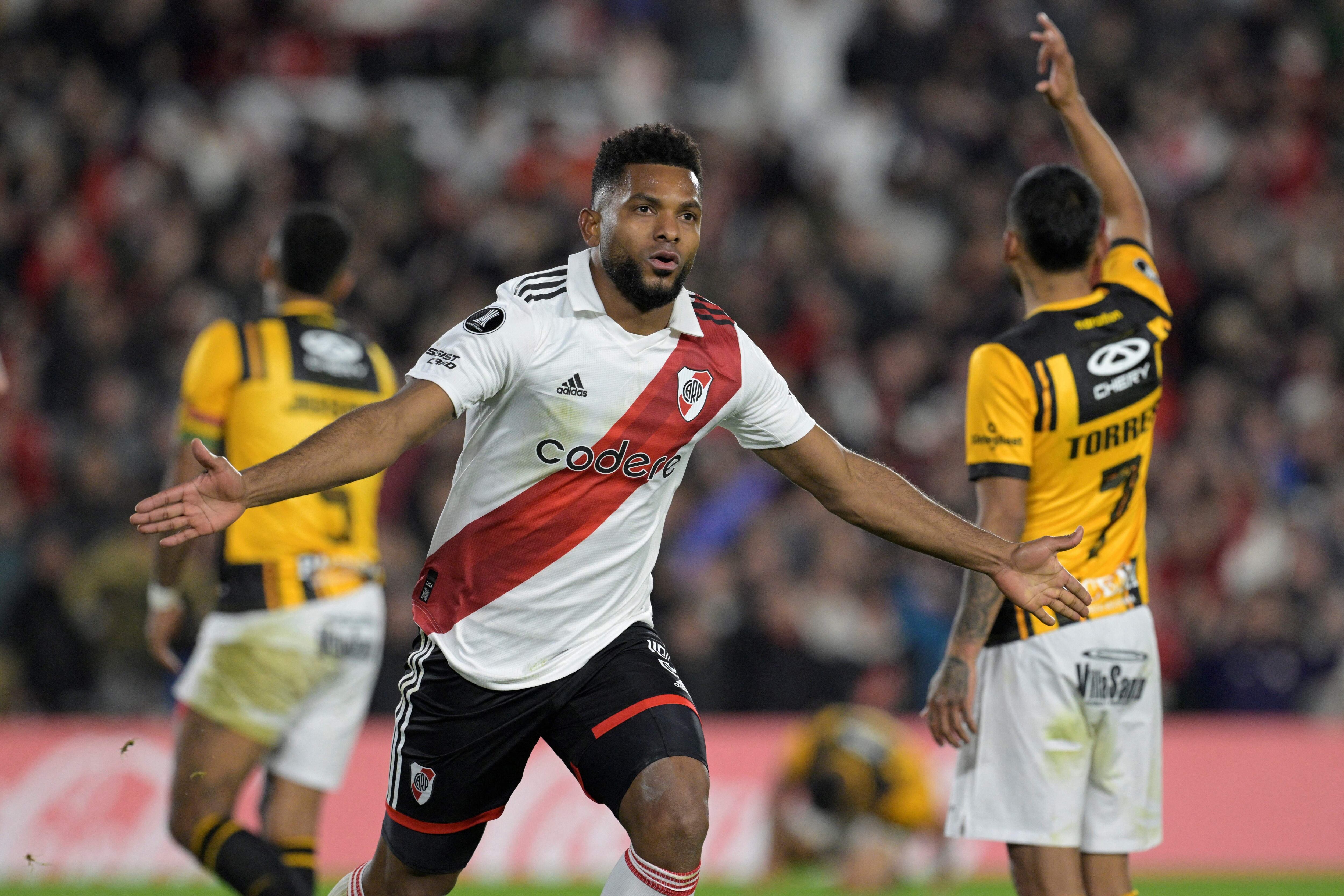 Miguel Ángel Borja celebró en el cierre de la fase de grupos en Copa Libertadores. (Photo by JUAN MABROMATA / AFP) (Photo by JUAN MABROMATA/AFP via Getty Images)