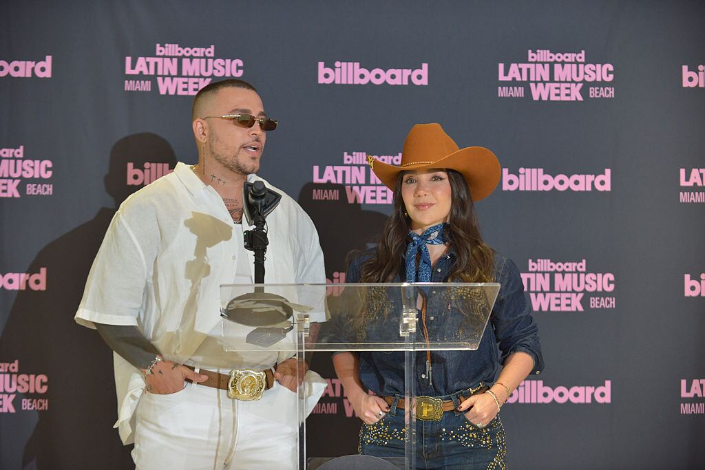 Jessi Uribe and Paola Jara at the Billboard Latin Music Week Press Conference 2026 held at Faena Forum on September 14, 2026 in Miami Beach, Florida. (Photo by Johnny Louis/Billboard via Getty Images)