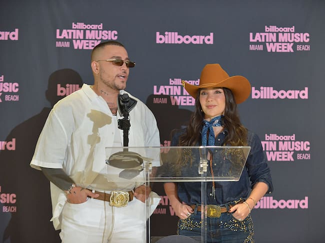 Jessi Uribe and Paola Jara at the Billboard Latin Music Week Press Conference 2026 held at Faena Forum on September 14, 2026 in Miami Beach, Florida. (Photo by Johnny Louis/Billboard via Getty Images)