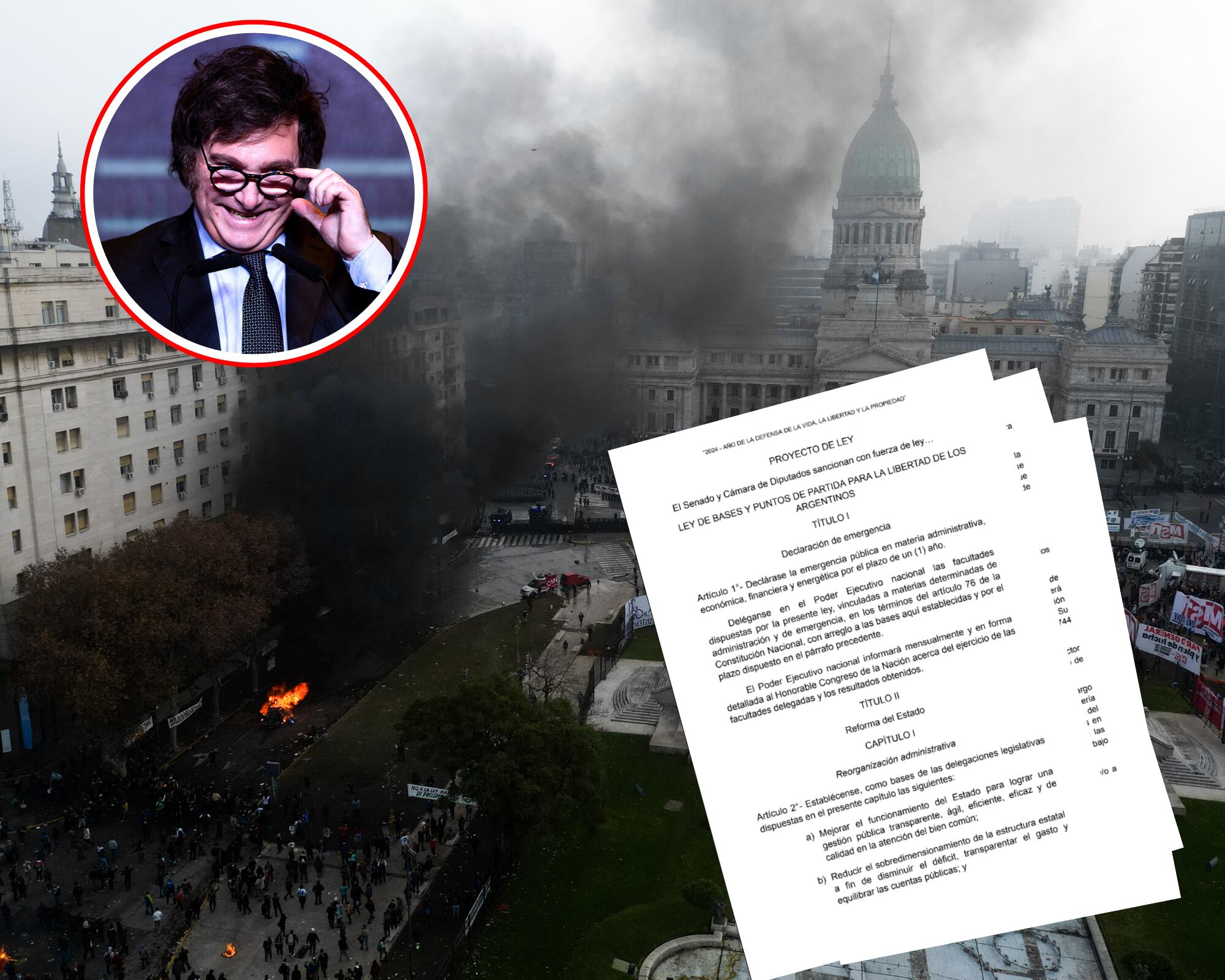 Mientras en el Senado de Argentina se discutía la Ley de Bases, propuesta por el gobierno de Javier Milei, en el exterior del edificio se registraron protestas. 
(Foto: Caracol Radio / Getty / Senado Argentina)