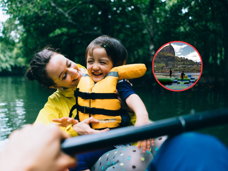 Mujer disfrutando de un paseo en bote con su hijo y al lado una vista del parque Comfama de Guatapé (Fotos vía Getty Images y COLPRENSA)
