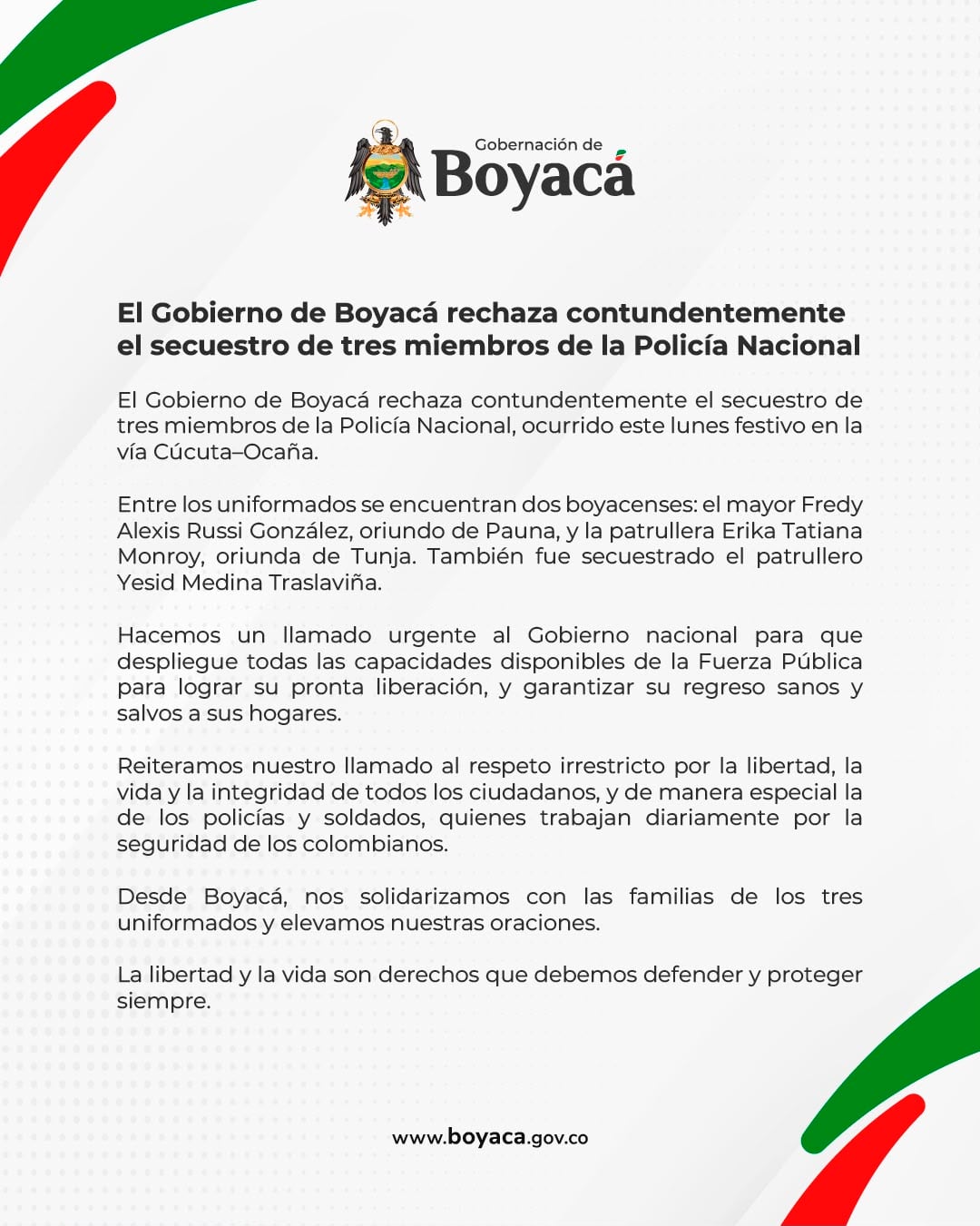 Comunicado de la Gobernación de Boyacá sobre los dos policías secuestrados en Ocaña.