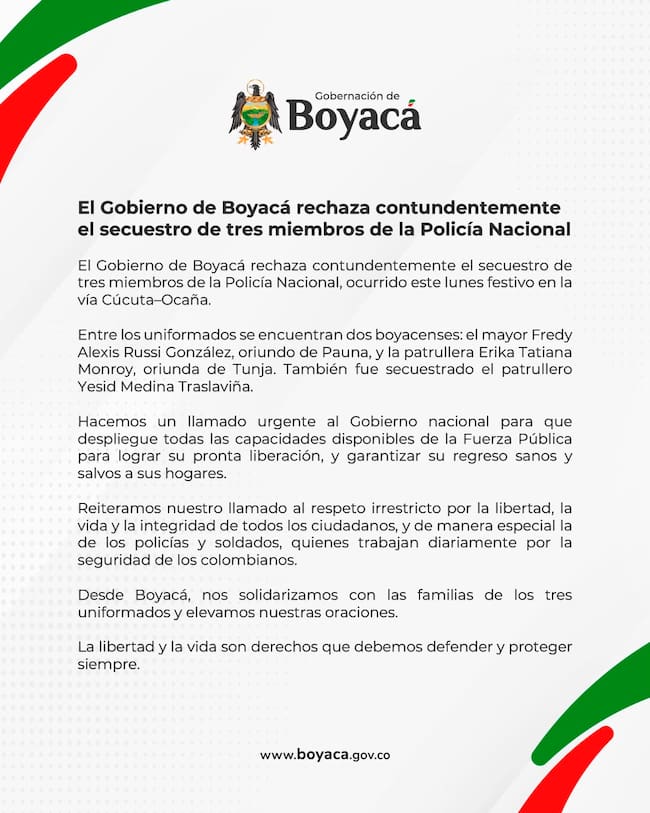 Comunicado de la Gobernación de Boyacá sobre los dos policías secuestrados en Ocaña.