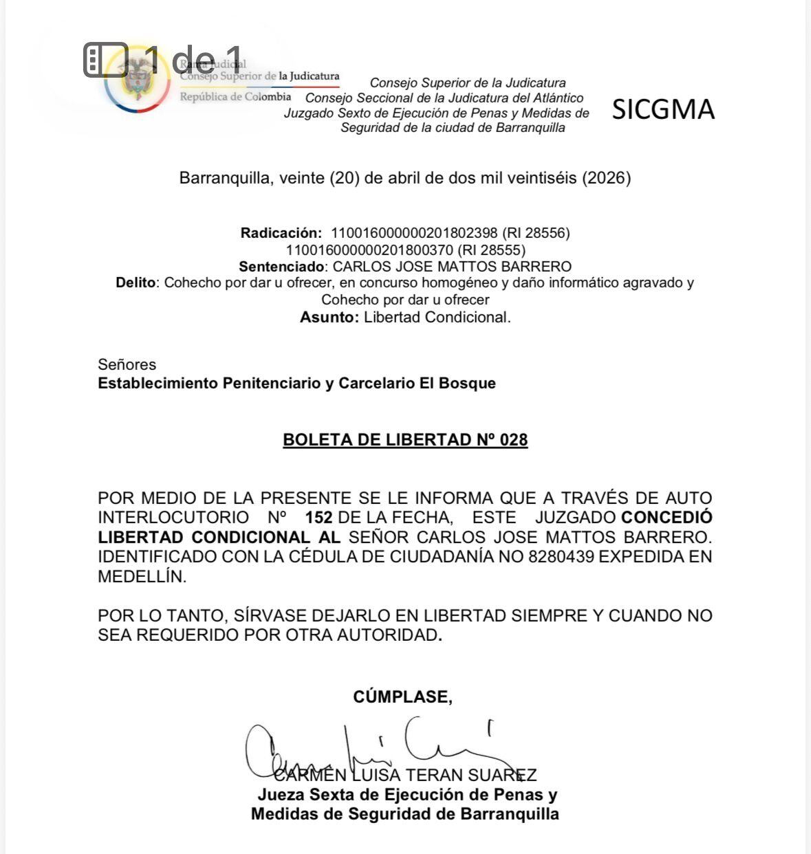 Esta es la boleta de libertad de Carlos Mattos, condenado por dos casos de corrupción judicial en Colombia. Foto: Suministrada.