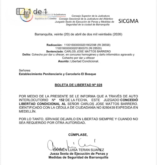 Esta es la boleta de libertad de Carlos Mattos, condenado por dos casos de corrupción judicial en Colombia. Foto: Suministrada.