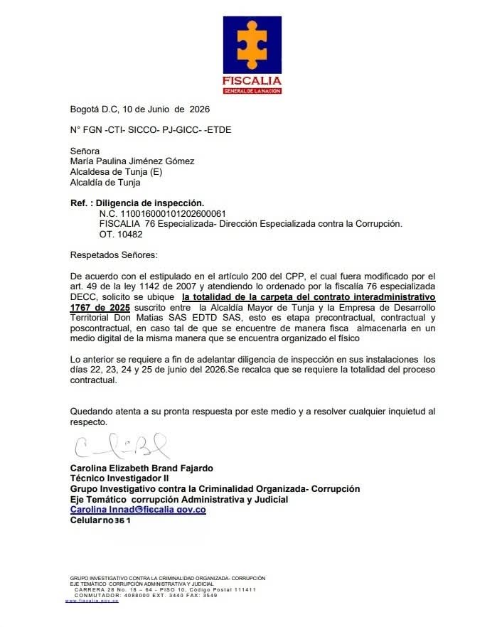 Documento emitido por la Fiscalía General de la Nación, solicitando la inspección del contrato de Don Matías SAS