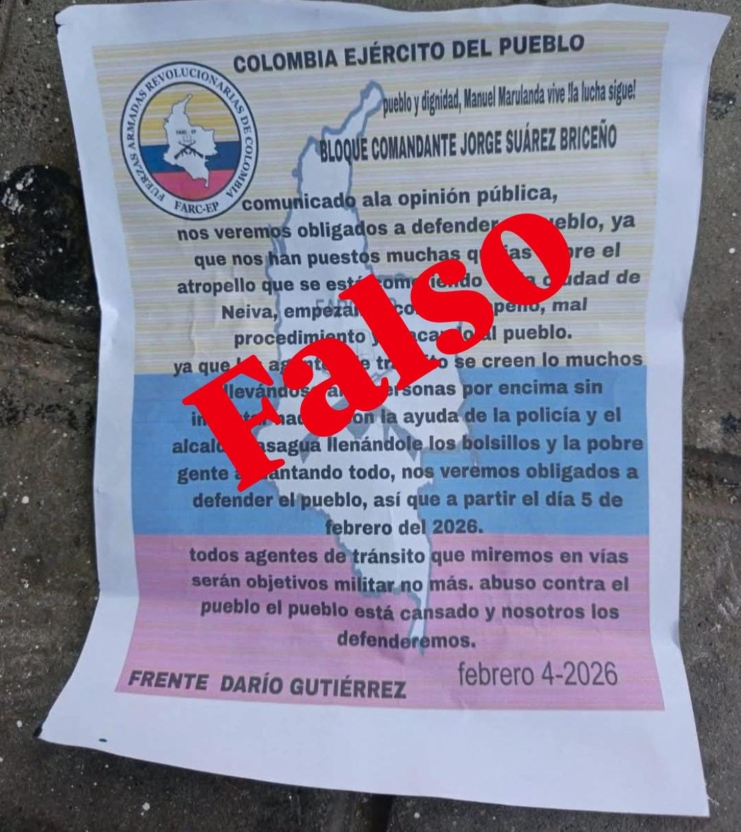 Panfleto que circuló en Neiva y que, según la Policía Nacional, no corresponde a la autoría de grupos armados ilegales.