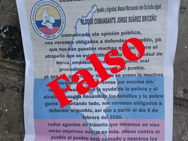 Panfleto que circuló en Neiva y que, según la Policía Nacional, no corresponde a la autoría de grupos armados ilegales.