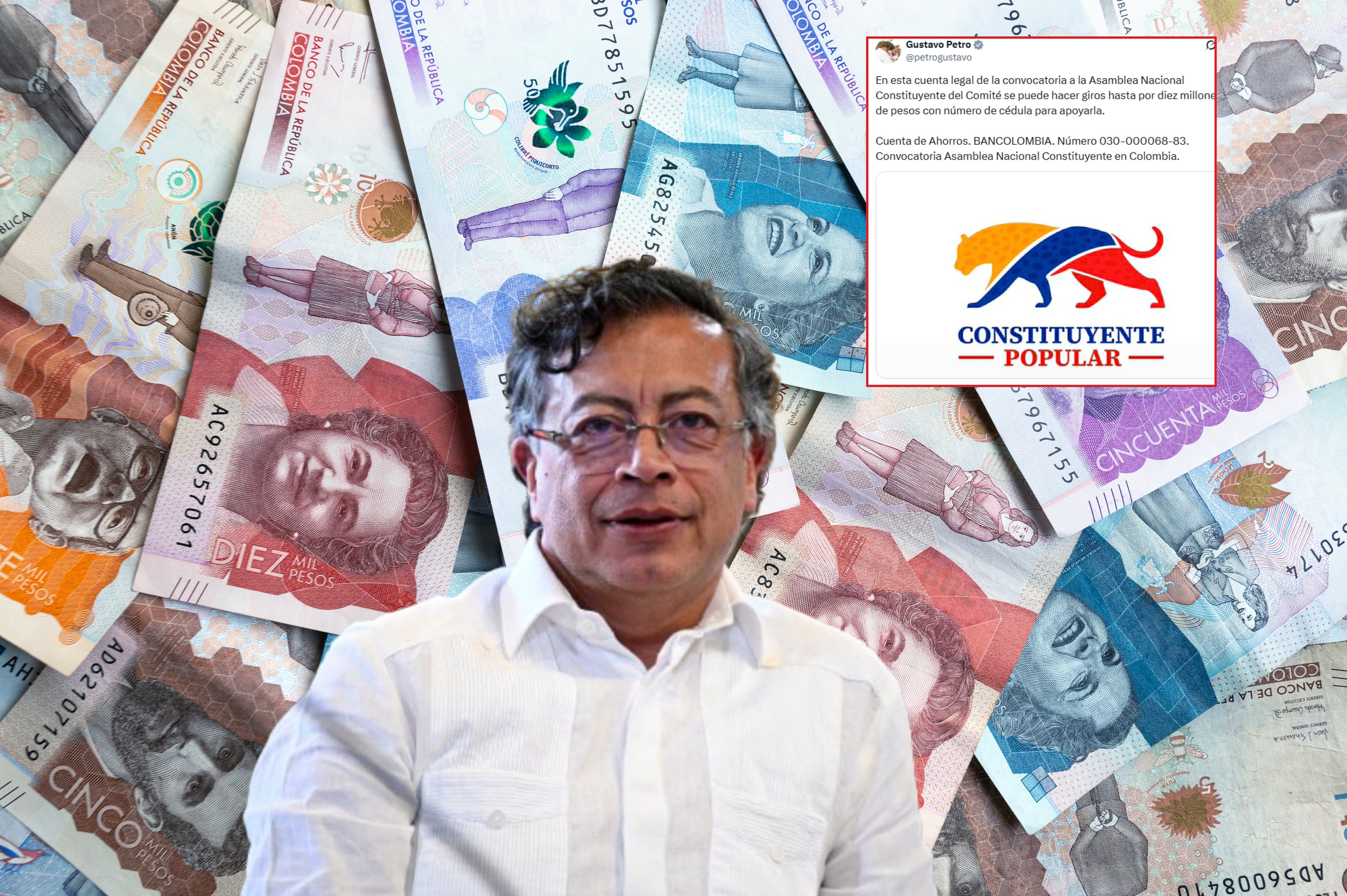 Imagen de referencia. Gustavo Petro: AFP / Pesos (COP): Getty Imágenes / Trino: @petrogustavo, cuenta de X (anteriormente Twitter).