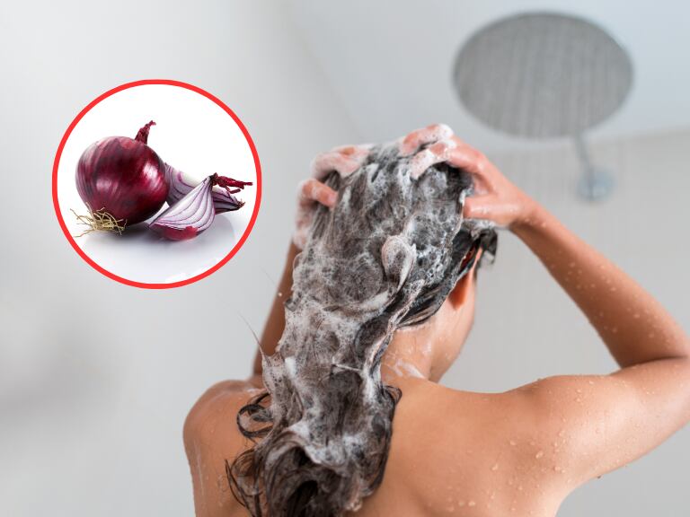 Mujer lavando su cabello y de fondo unas cebollas moradas (Fotos vía Getty Images)