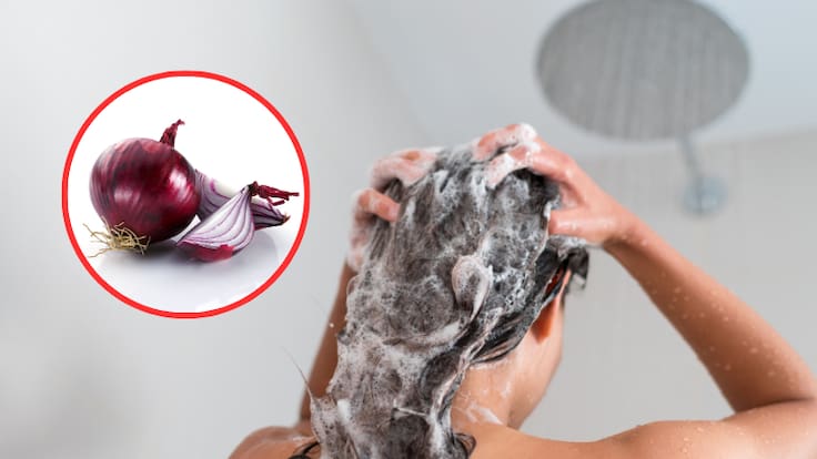 Mujer lavando su cabello y de fondo unas cebollas moradas (Fotos vía Getty Images)