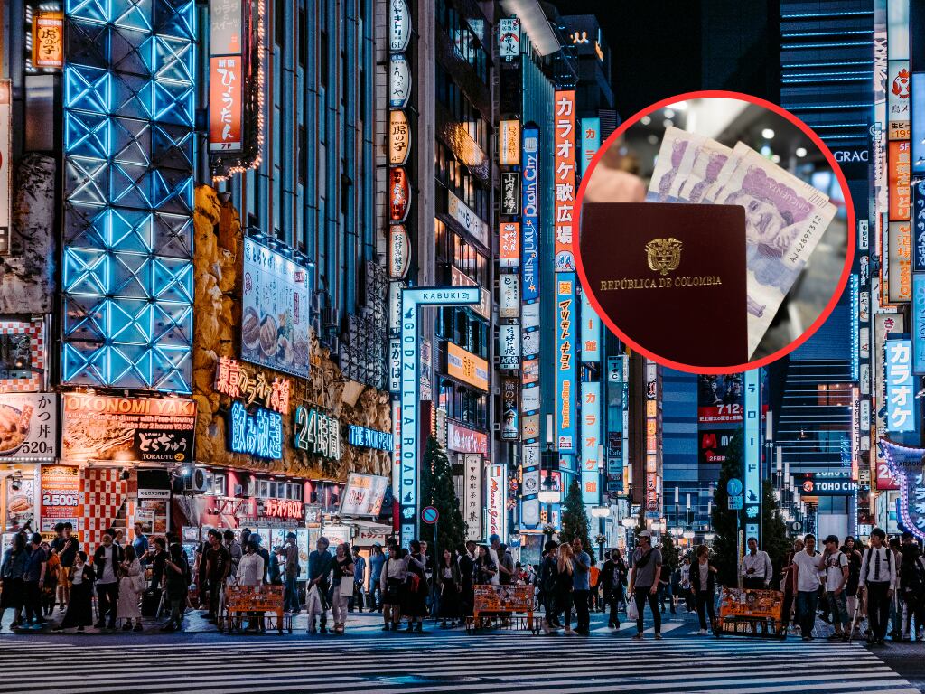 Pasaporte colombiano con dinero de Colombia y de fondo una imagen de las calles de Tokio (Fotos vía Getty Images)