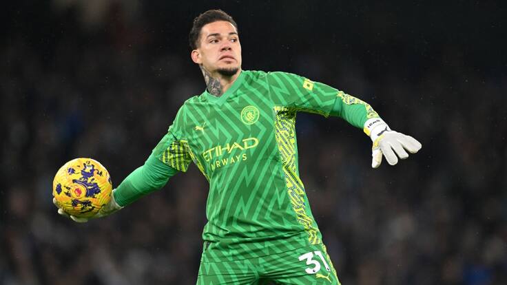 MANCHESTER, ENGLAND - DECEMBER 03:  Ederson of Manchester City during the Premier League match between Manchester City and Tottenham Hotspur at Etihad Stadium on December 03, 2023 in Manchester, England. (Photo by Shaun Botterill/Getty Images)
