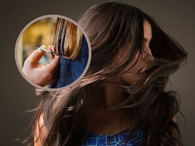 Imagen de referencia: mujer moviendo el pelo // En el círculo una persona cortando las puntas del cabello // Getty Images