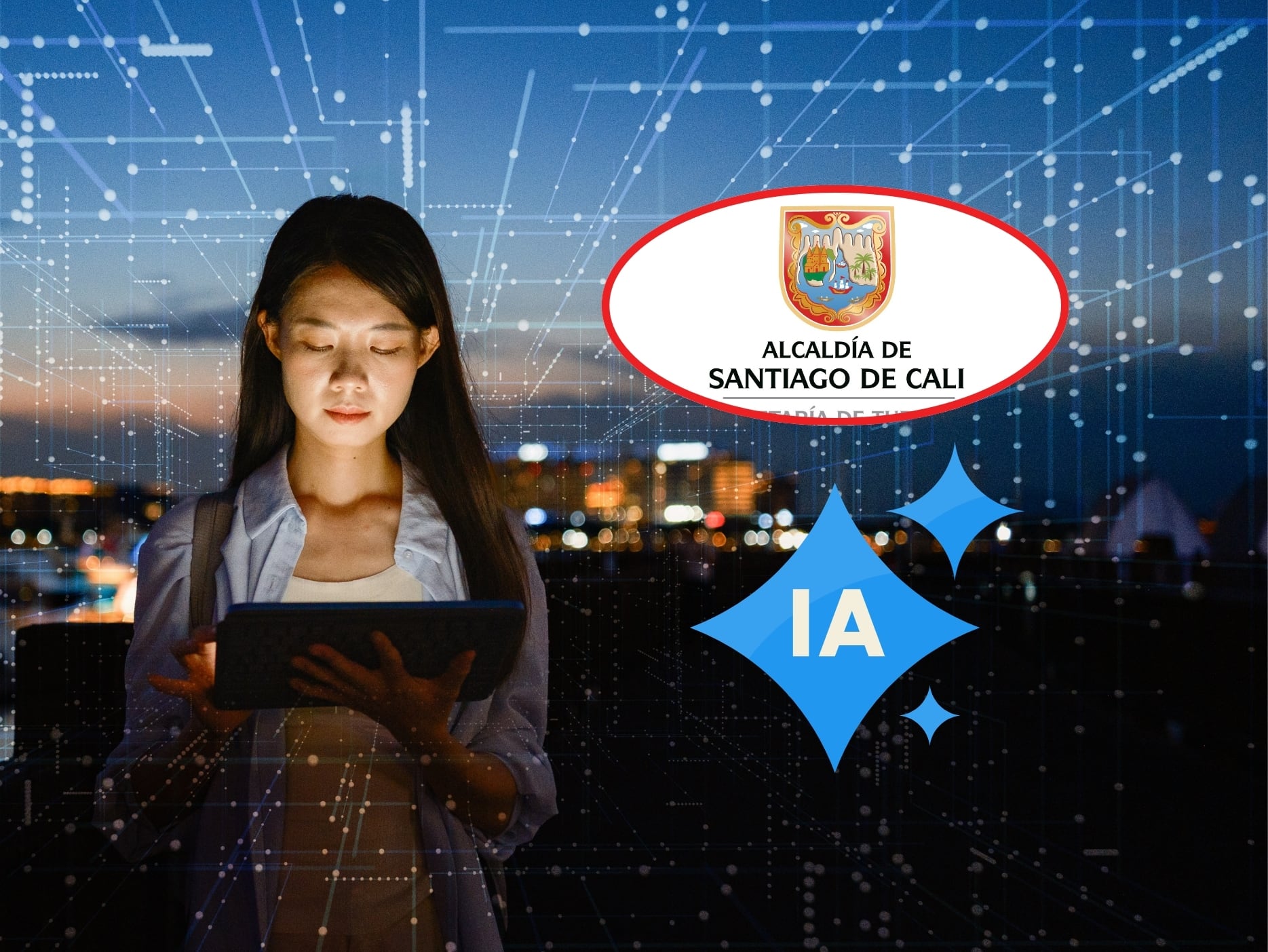 De fondo: Persona accediendo a contenidos tecnológicos desde una tablet. A su lado, logo de la Alcaldía de Cali e ilustración de Inteligencia Artificial (Crédito: Getty Images)