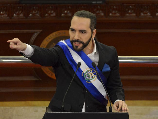 SAN SALVADOR, EL SALVADOR - JUNE 01: President of El Salvador Nayib Bukele delivers a message to the citizens as he celebrates his third year in office at the Legislative Assembly of the Republic of El Salvador building on June 1, 2022 in San Salvador, El Salvador. Salvadoran President Nayib Bukele is celebrating his third year in office. (Photo by Ulises Rodriguez/APHOTOGRAFIA/Getty Images)