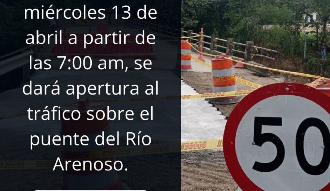 La Concesionaria Ruta al Sur S.A.S, confirmo la apertura de la vía, para vehículos livianos, en el sitio conocido cono puente arenoso.