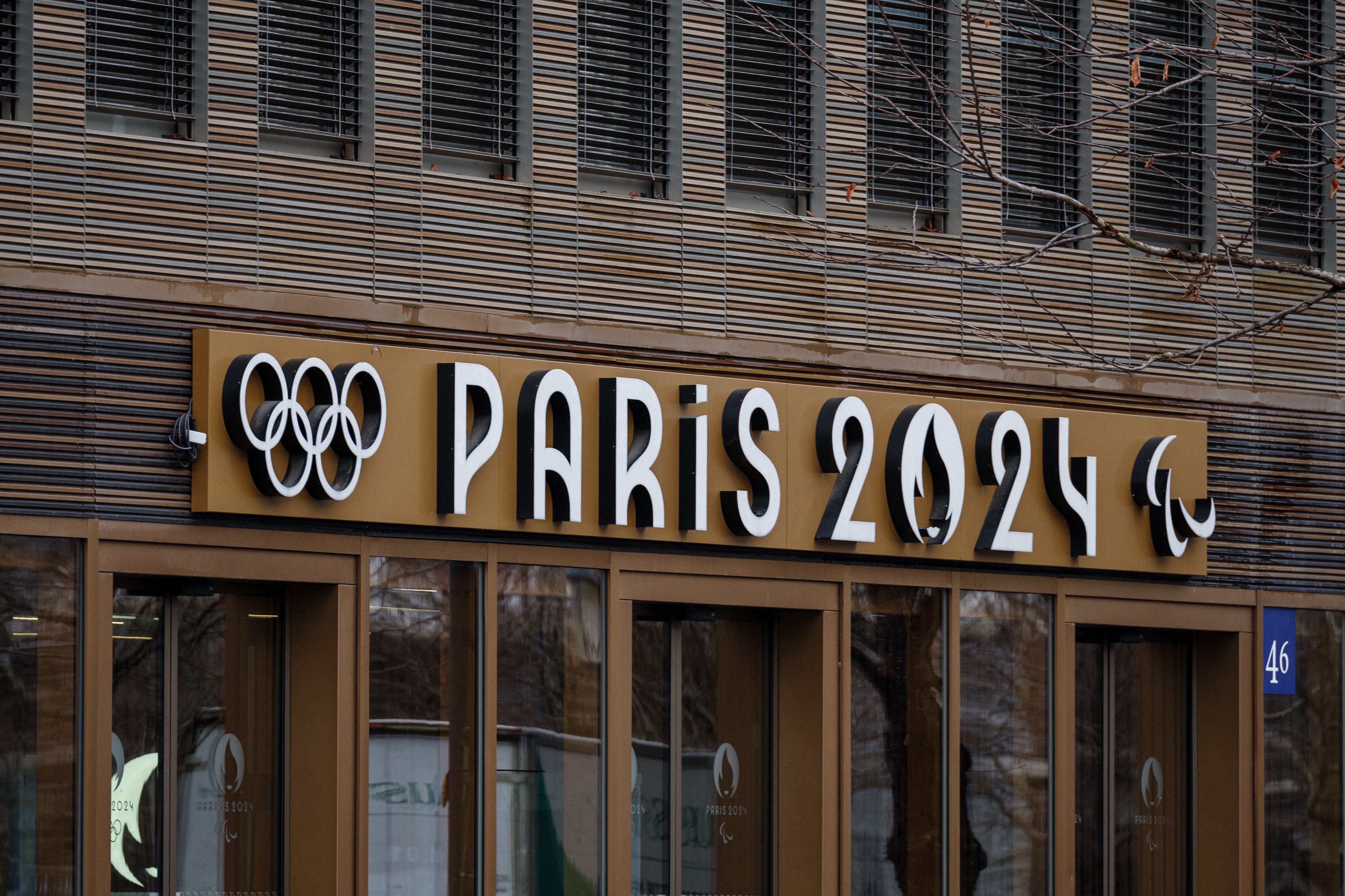 This picture taken on February 8, 2024, shows an entrance to the Pulse building of the headquarters of the Paris 2024 Organising Committee for the Olympic and Paralympic Games, in Saint-Denis, outside Paris. (Photo by Dimitar DILKOFF / AFP)