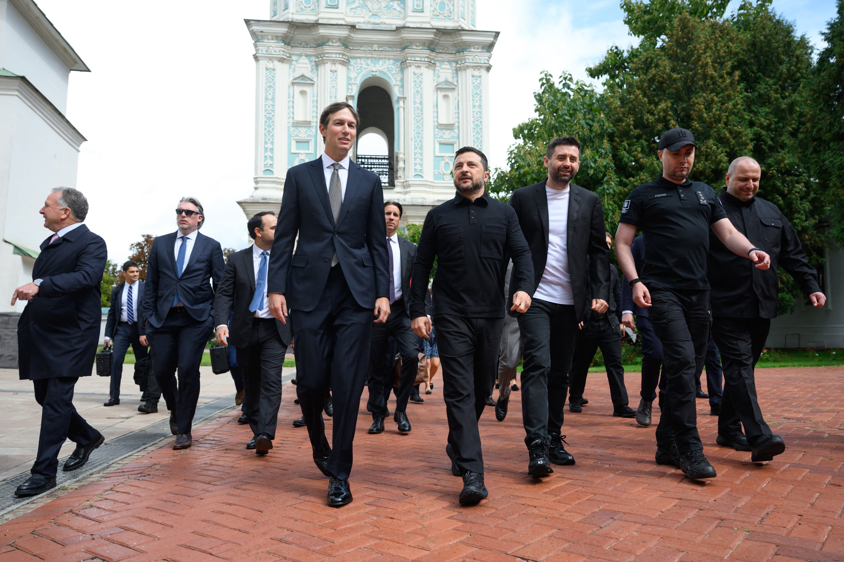 In this handout photograph taken and released by the Ukrainian Presidential Press Service on September 6, 2026, Ukraine's President Volodymyr Zelensky (C-R), US Special Envoys Steve Witkoff (L) and Jared Kushner (C-L) visit St. Sofia Cathedral in Kyiv, amid the Russian invasion of Ukraine. US envoys Jared Kushner and Steve Witkoff arrived in Kyiv on September 6, 2026 for their first visit to the Ukrainian capital, a day after holding talks with Russia's Vladimir Putin in the Kremlin on ending more than four years of war between the neighbours. (Photo by Handout / UKRAINIAN PRESIDENTIAL PRESS SERVICE / AFP) / RESTRICTED TO EDITORIAL USE - MANDATORY CREDIT "AFP PHOTO / UKRAINIAN PRESIDENTIAL PRESS SERVICE" - HANDOUT - NO MARKETING NO ADVERTISING CAMPAIGNS - DISTRIBUTED AS A SERVICE TO CLIENTS - AFP CANNOT INDEPENDENTLY VERIFY THE AUTHENTICITY OR LOCATION, DATE, AND CONTENT OF THESE IMAGES / 