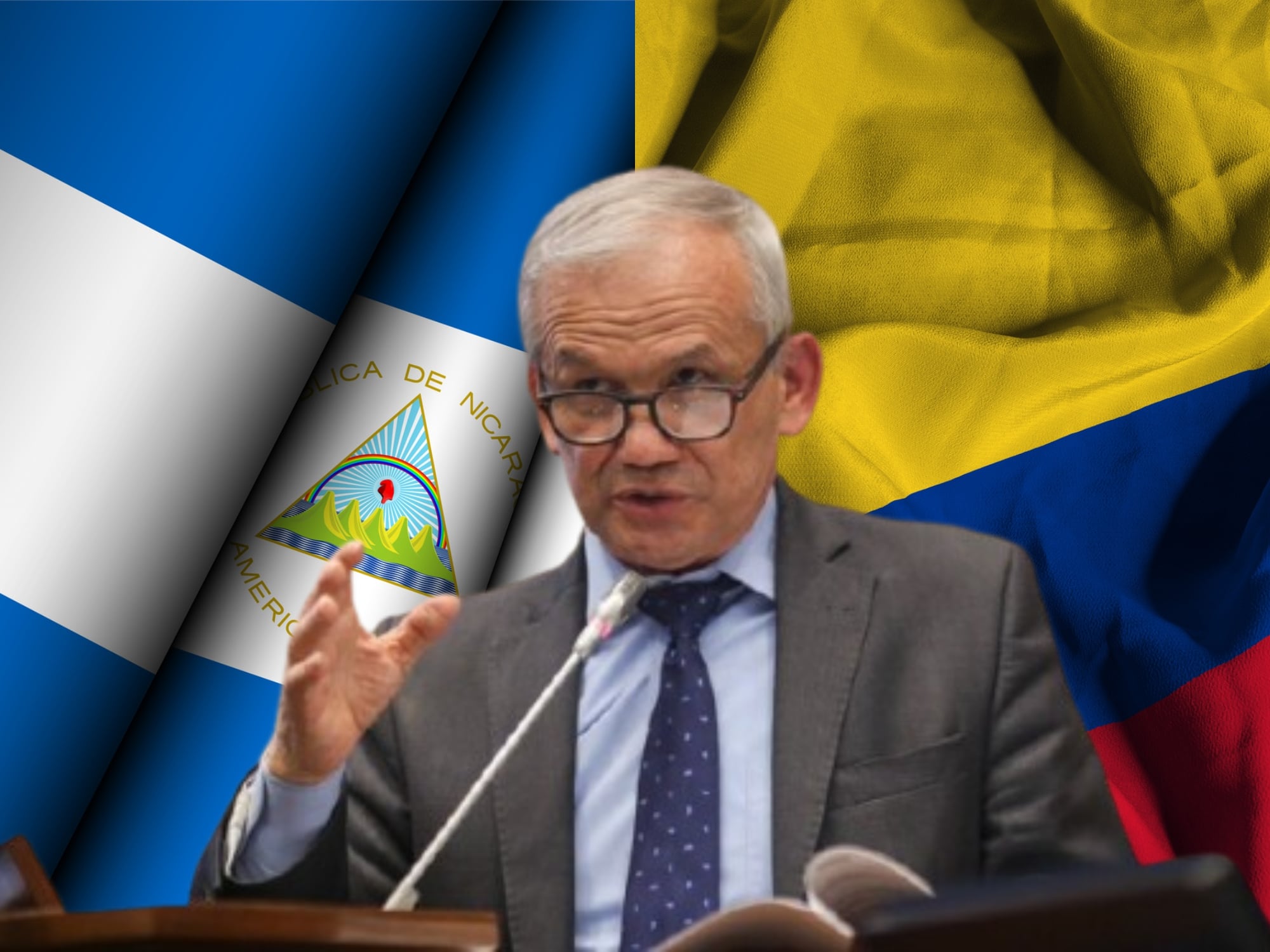 Banderas de Nicaragua y Colombia y Carlos Ramón González. Fotos: Getty Images / (Colprensa-Senado de la República).