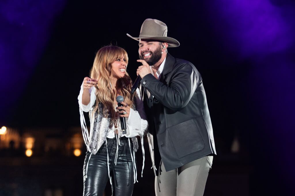 SEVILLE, SPAIN - NOVEMBER 14: Kany Garcia and Carin Leon perform on stage during tha Amazon Music's event "La Cultura That Connect Us" at Setas de Sevilla on November 14, 2023 in Seville, Spain. (Photo by Aldara Zarraoa/Getty Images for Amazon Music)