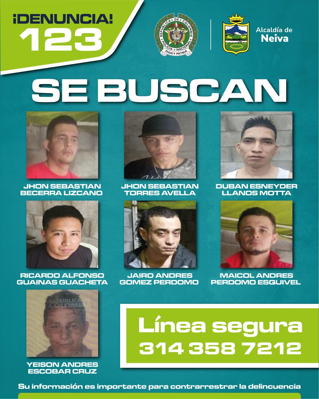 Las autoridades difundieron las imágenes de los siete reclusos fugados del CDT de Neiva, entre ellos alias ‘Richard’, considerado de alto perfil criminal. Foto: Policía Metropolitana / Alcaldía de Neiva.