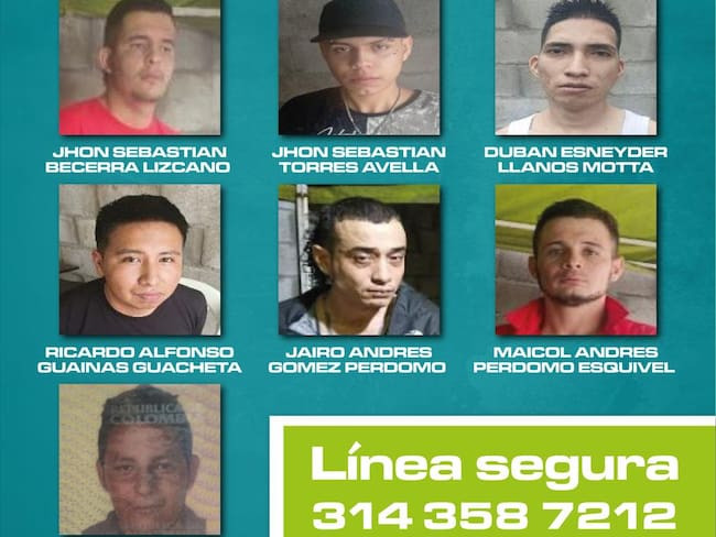 Las autoridades difundieron las imágenes de los siete reclusos fugados del CDT de Neiva, entre ellos alias ‘Richard’, considerado de alto perfil criminal. Foto: Policía Metropolitana / Alcaldía de Neiva.