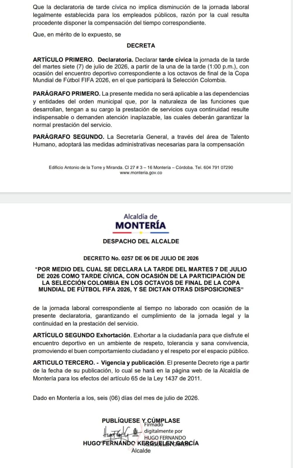 Decreto Alcaldía de Montería.