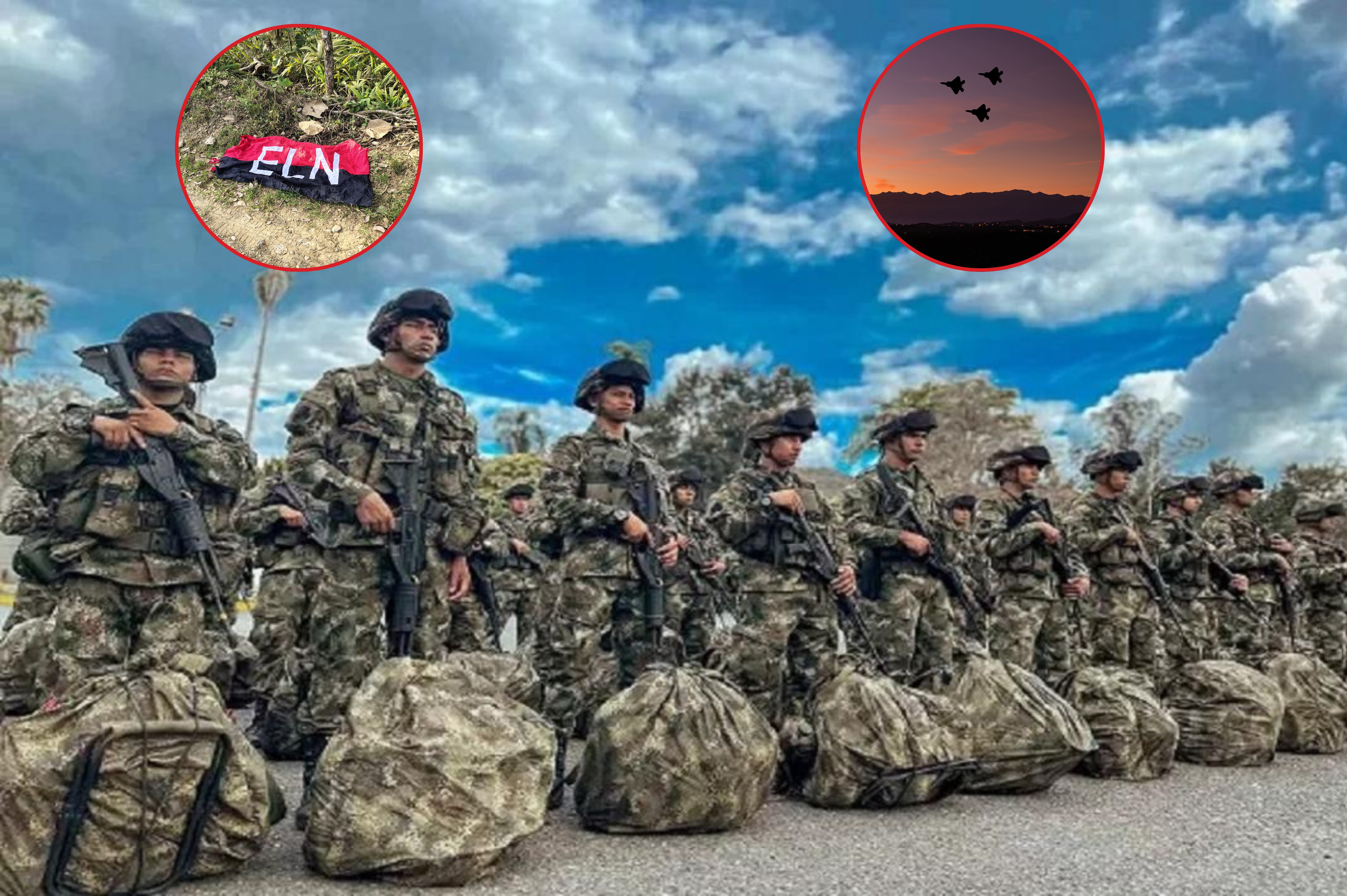 Fuerzas Militares: Suministrada / Bandera ELN: Gobernación / Bombardeo aviones: Getty Images.