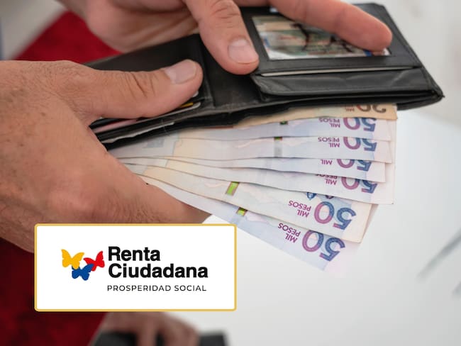 Billetes colombianos de 50 mil pesos. Encima el logo de Renta Ciudadana (Fotos vía Getty Images y redes sociales)