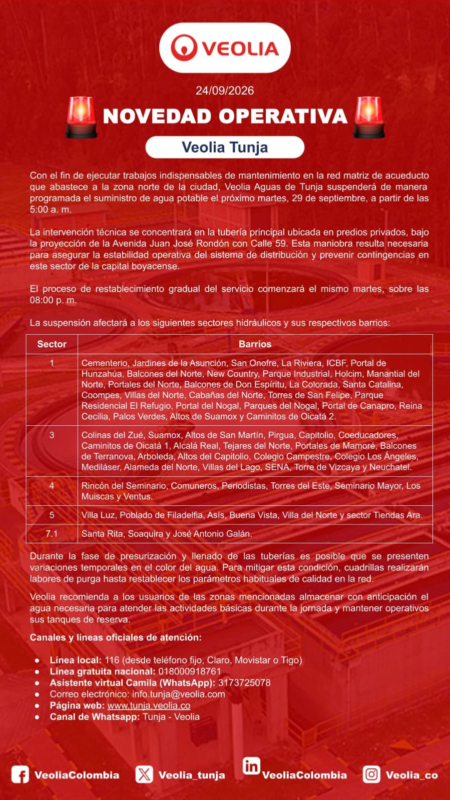 Comunicado suspensión de agua el martes 29 de septiembre de 2026.