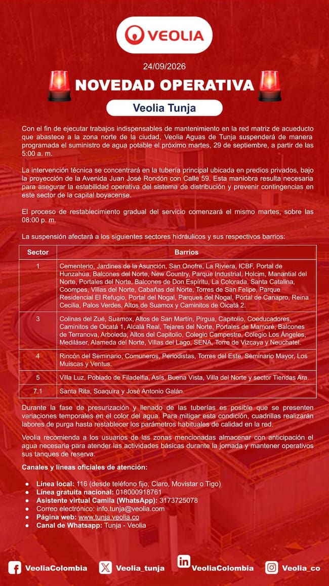 Comunicado suspensión de agua el martes 29 de septiembre de 2026.
