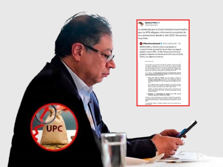 Gustavo Petro mirando el celular y al lado uno de sus trinos y una imagen alusiva al UPC (Fotos vía Getty Images)