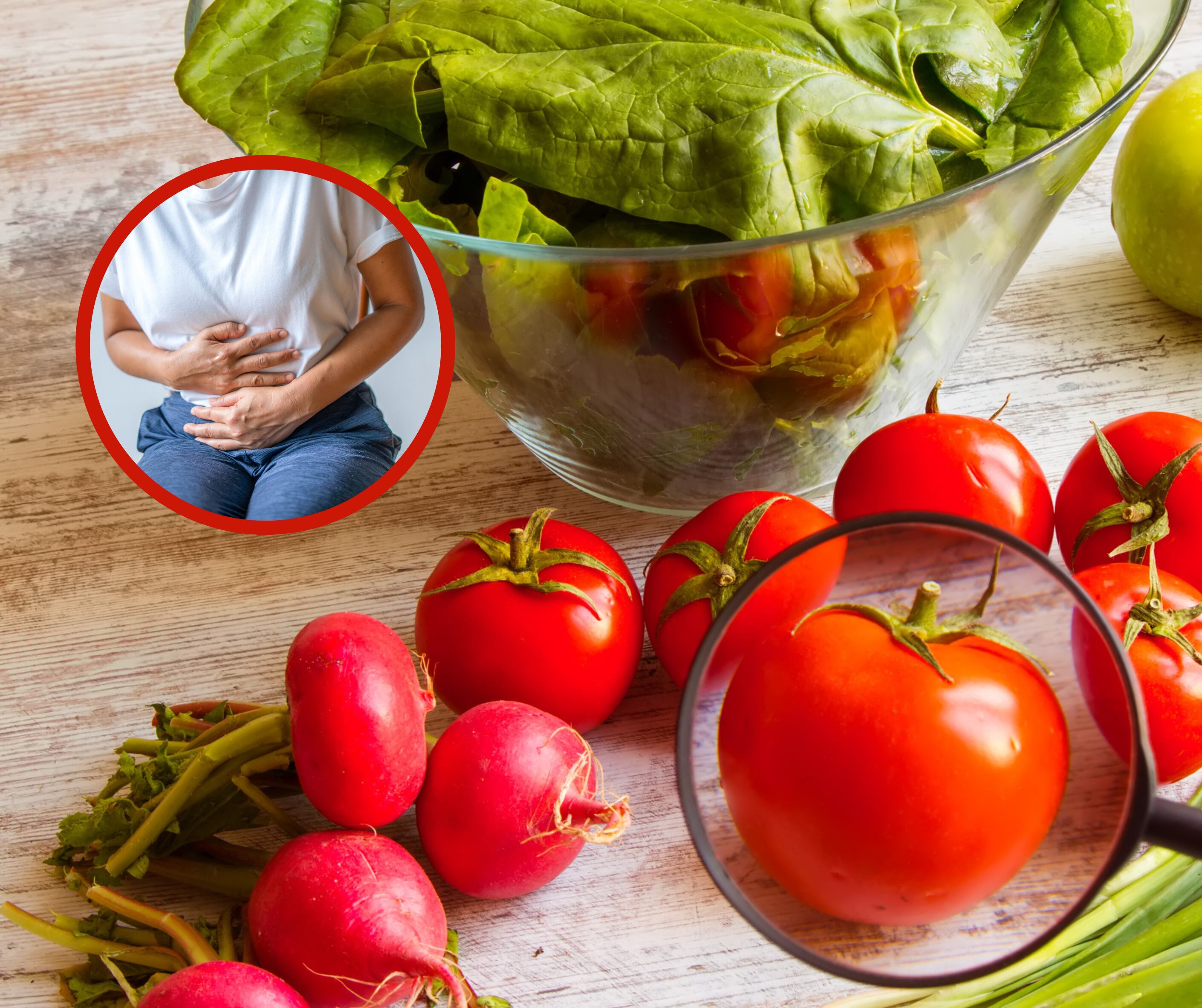 Lupa enfocando una verdura junto a una persona con dolor estomacal (Getty Images)